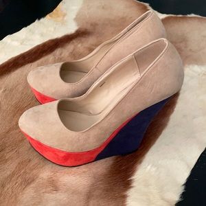 Orange and blue suede wedges